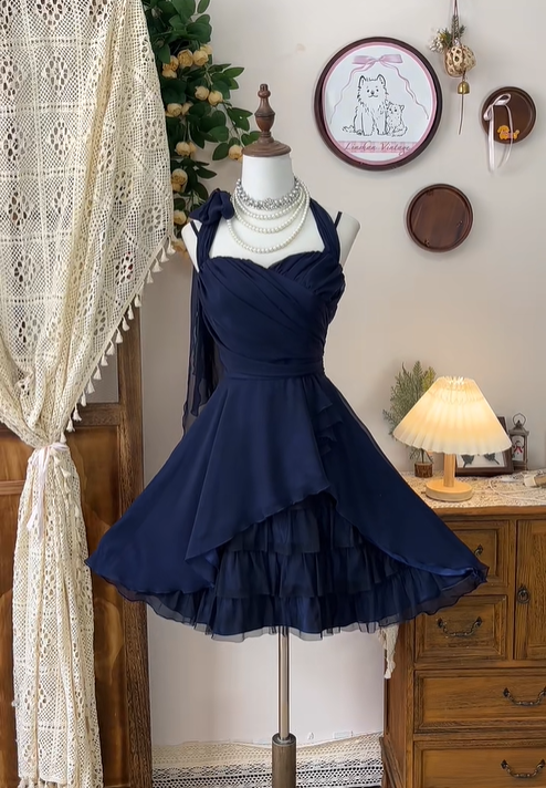 Pretty Halter Chiffon Tulle ALine Short Birthday Outfits Navy Blue Homecoming Dress