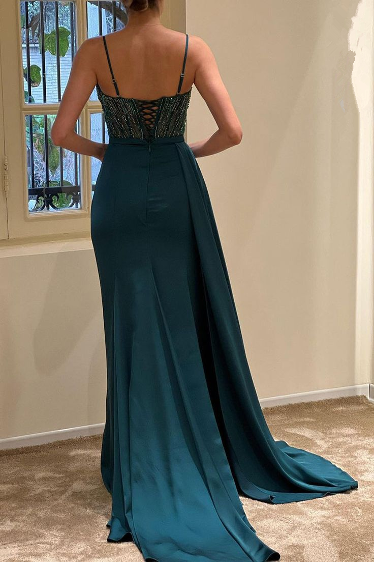 V-Neck Spaghetti Straps Beaded Ruched Sheath Long Evening Dress Y6003 - View 2 | VelvetHem