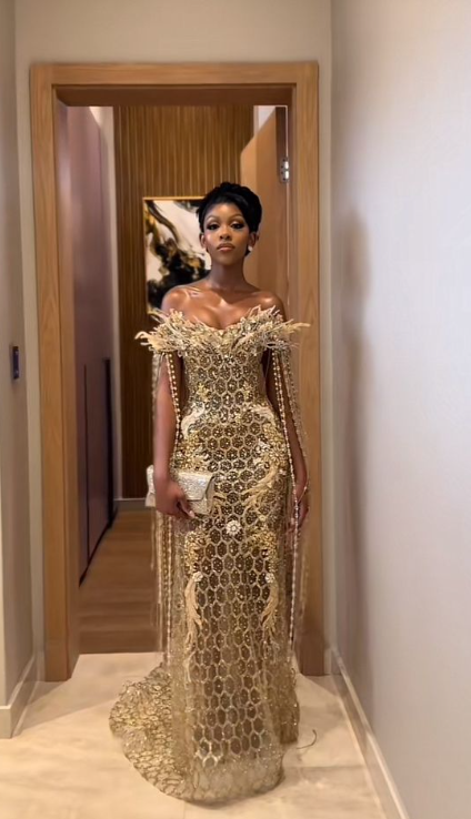 Gorgeous Off-the-Shoulder Gold Sequin Beaded Mermaid Long Evening Dress Party Dress - FashionDia