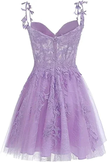 Purple Floral Tulle Short Homecoming Dress with Lace Rhinestones Appliques (ZD12447) - View 2 | VelvetHem