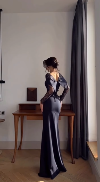 Fashion Off-the-Shoulder Navy Blue Satin Lace Mermaid Long Wedding Guest Dress Party Dress - View 7 | FashionDia