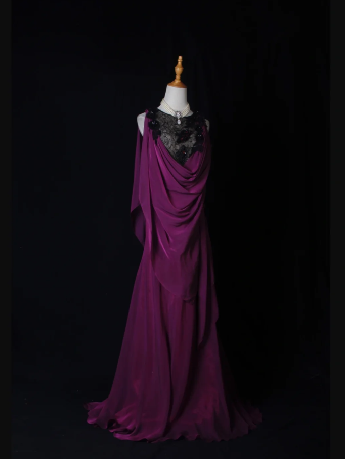 Elegant Sleeveless Purple Chiffon Lace Mermaid Long Party Dress Evening Gown With Beaded - FashionDia