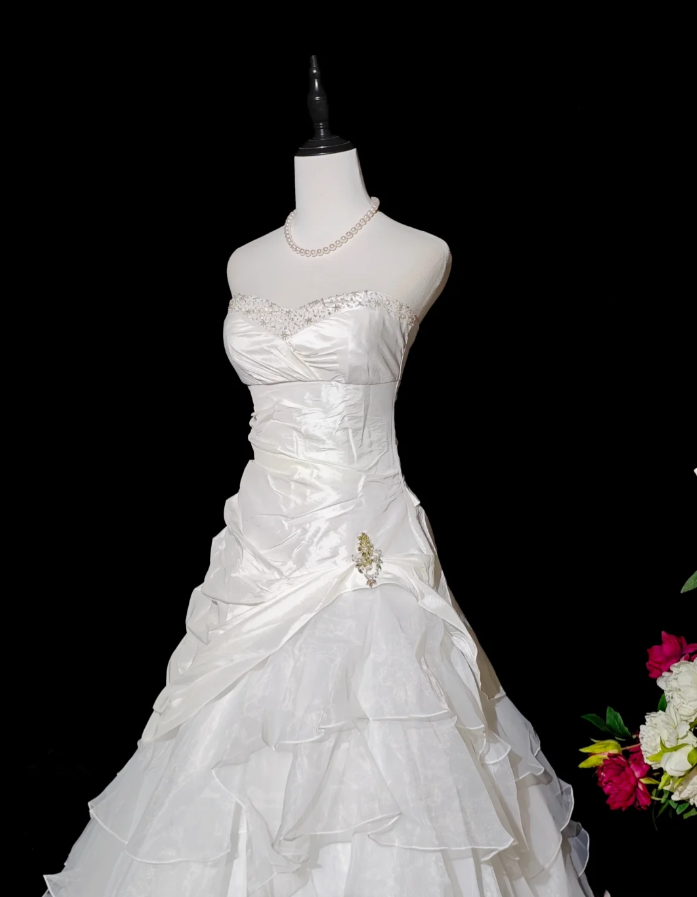 Pretty Strapless White Satin Tulle Beaded Ruffle Layered Mermaid Evening Dress Long Birthday Prom Dress - View 2 | FashionDia