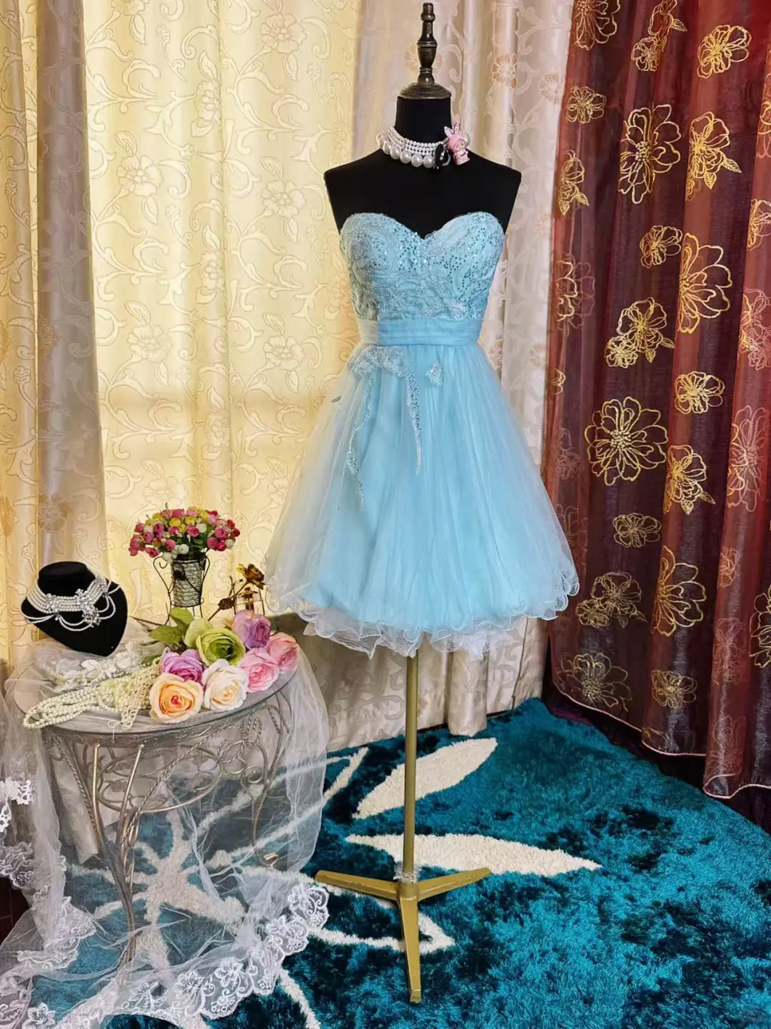 Cute Strapless Light Blue Tulle Appliques A Line Short Graduation Homecoming Dress 20th Birthday Outfits D726