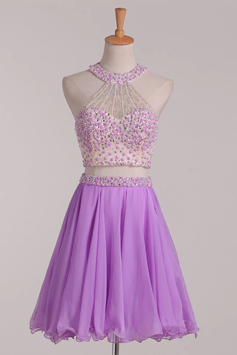 Two-Piece Halter Open Back Homecoming Dresses Beaded Bodice Chiffon A-Line
