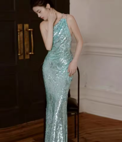 Charming One Shoulder Sequin Green Mermaid Prom Dress Backless Long Evening Dress