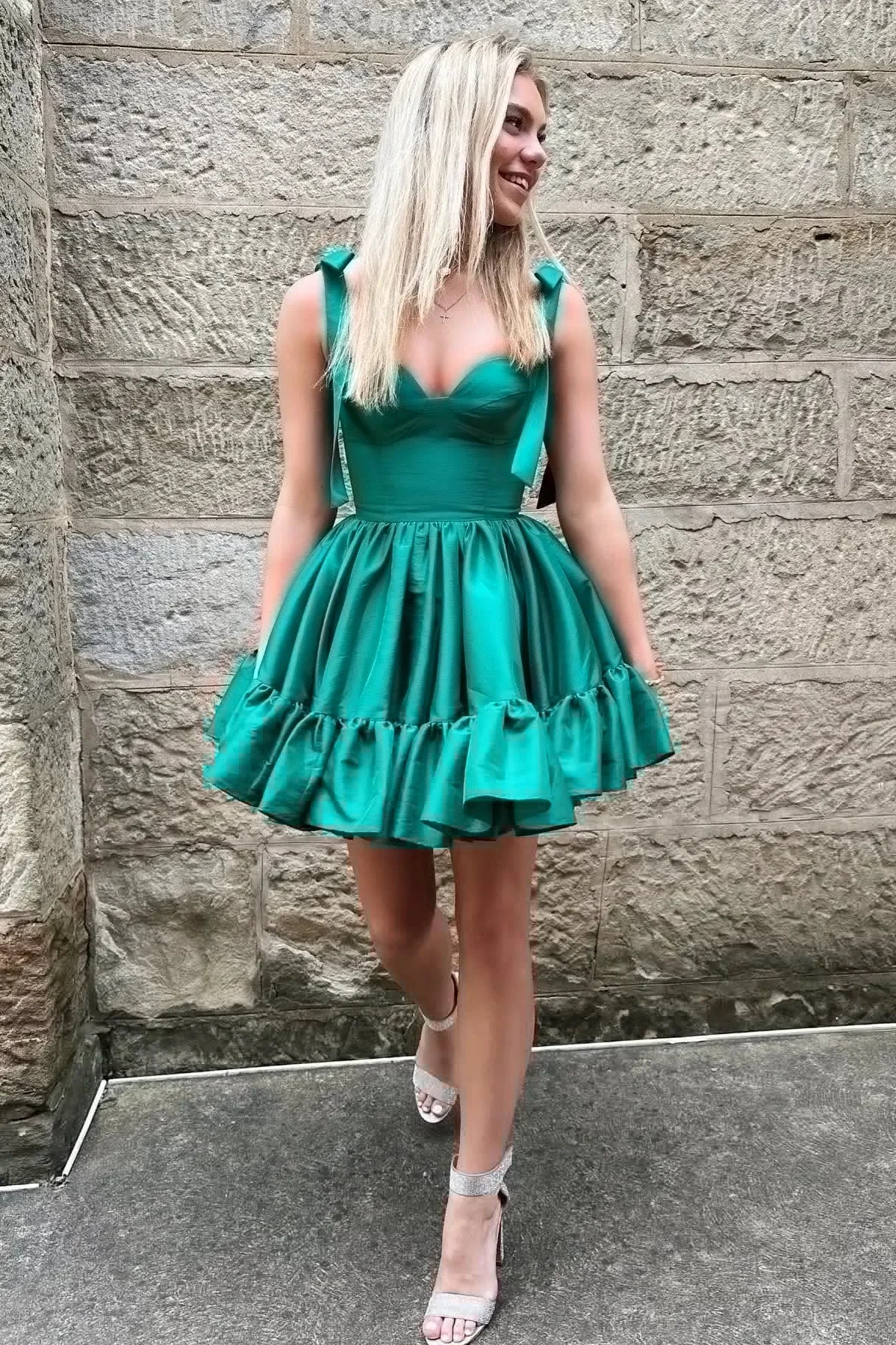 Cute Tie Straps Green Corset Ruffle Short Homecoming Dress Y2724 by simplepromdress