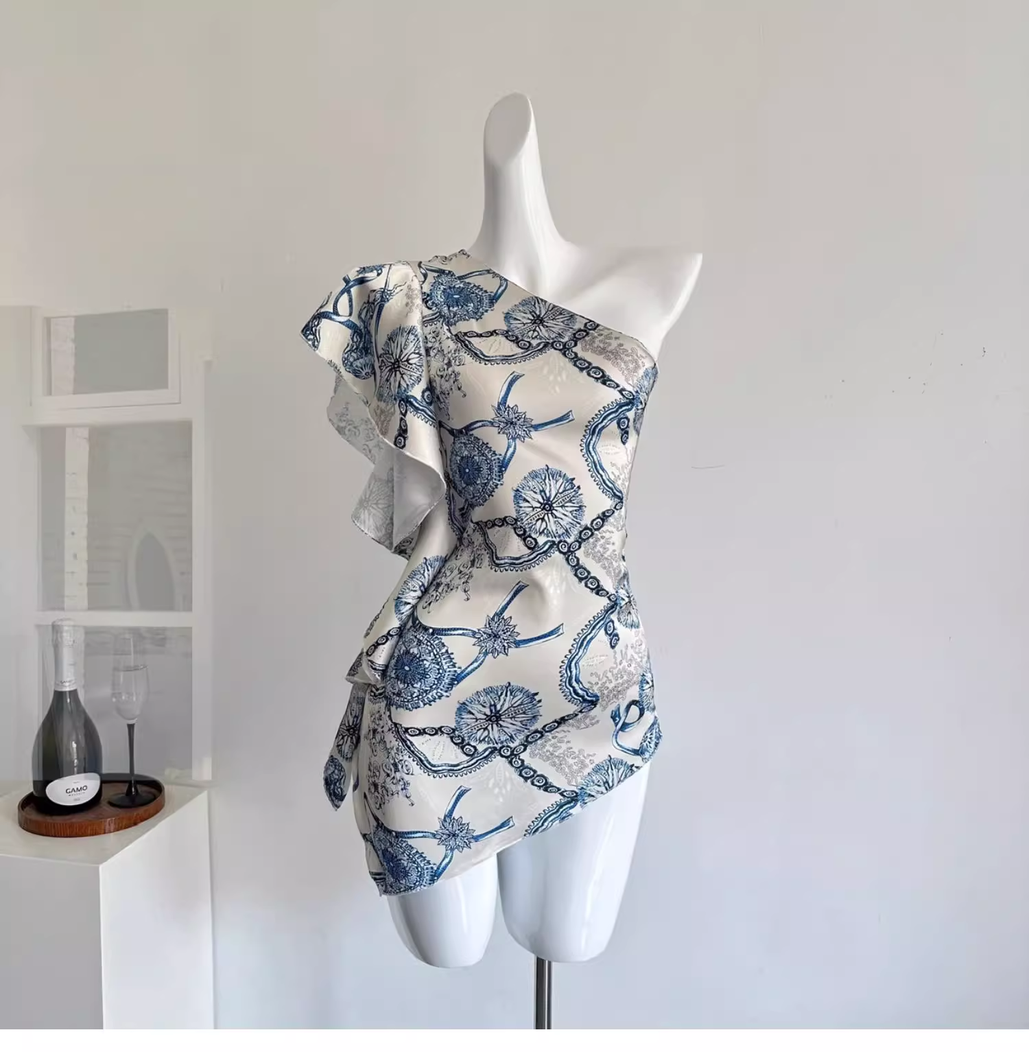 Off-shoulder Irregular Satin Print Hot Girl Sexy Mini Dress