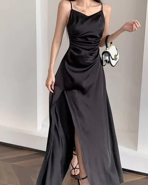Simple Spaghetti Straps Black Slit A-Line Evening Dress Long Prom Dress - FashionDia