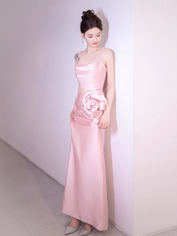 Elegant Pink Straps Sheath Prom Dress Evening Dress With Rose Flowers