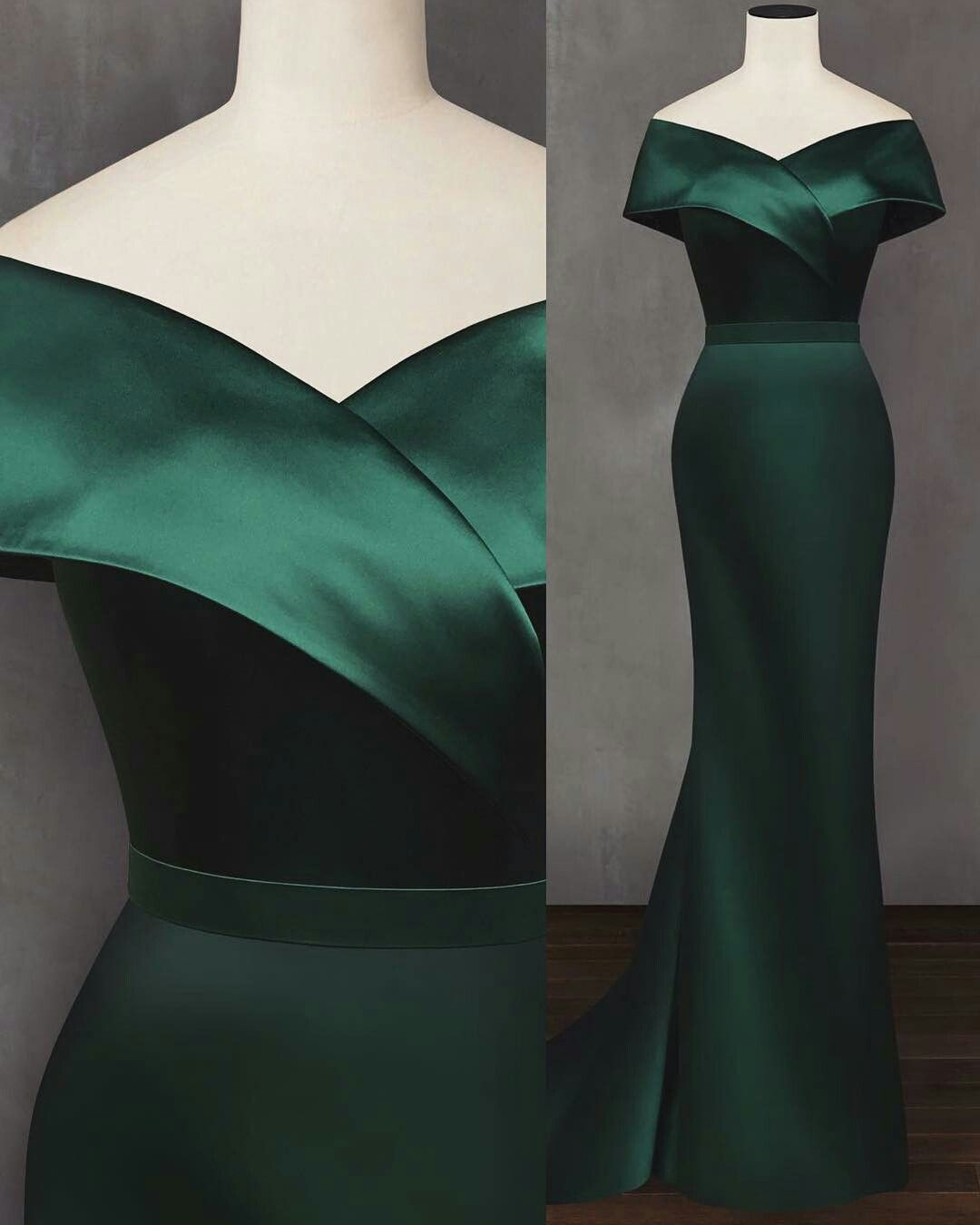 Emerald Green Evening Dress Off-the-Shoulder Satin Elegant Simple Mermaid Party Gowns - FashionDia