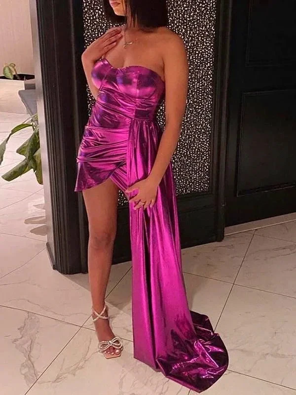 Sexy Solid Split Joint Backless Strapless Irregular Dress Birthday Party Dress Homecoming Dress (ZD11415)