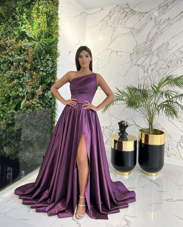 Asymmetrical Ruched With Train And Slit Prom Formal Party Evening Dress - FashionDia