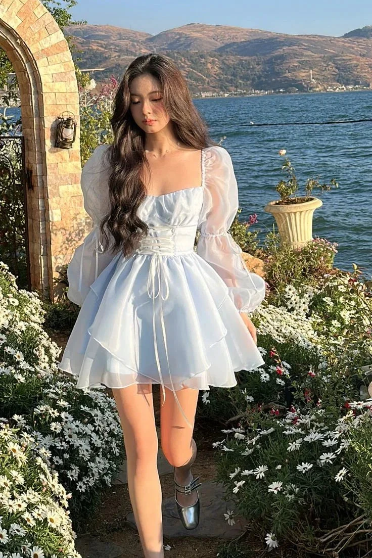 Blue A-line Princess Dress Blue Long Sleeves Homecoming Dress Blue Fairy Dress Y6083 by simplepromdress