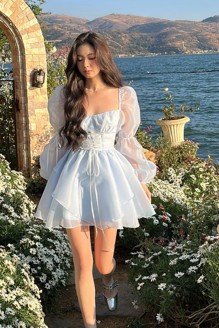 Blue A-Line Princess Dress Blue Long Sleeves Homecoming Dress Blue Fairy Dress - FashionDia