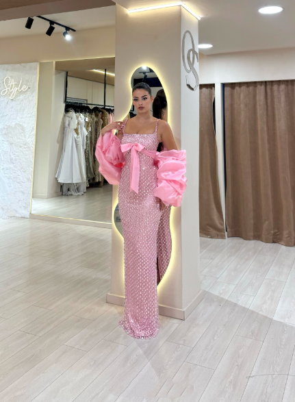 Gorgeous Spaghetti Straps Pink Sequin Beaded Mermaid Evening Dress Long Party Dress - View 10 | FashionDia