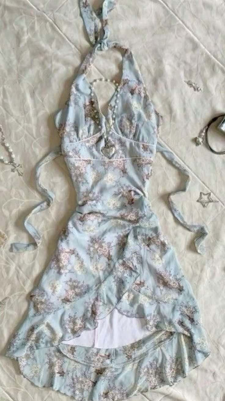 Cute Blue Chiffon Printed Floral Halter Short 8th Grade Homecoming Dress Birthday Outfits - FashionDia