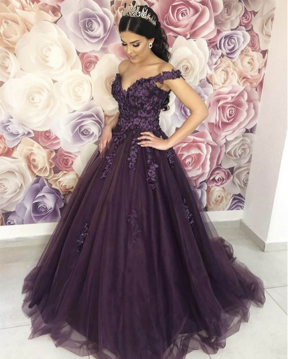 Glamorous Floral Prom Dress Ball Gowns Off-the-shoulder with 3D Flowers Formal Dresses for Women Lace Up Back Engagement Party Dresses cc03 - VelvetHem
