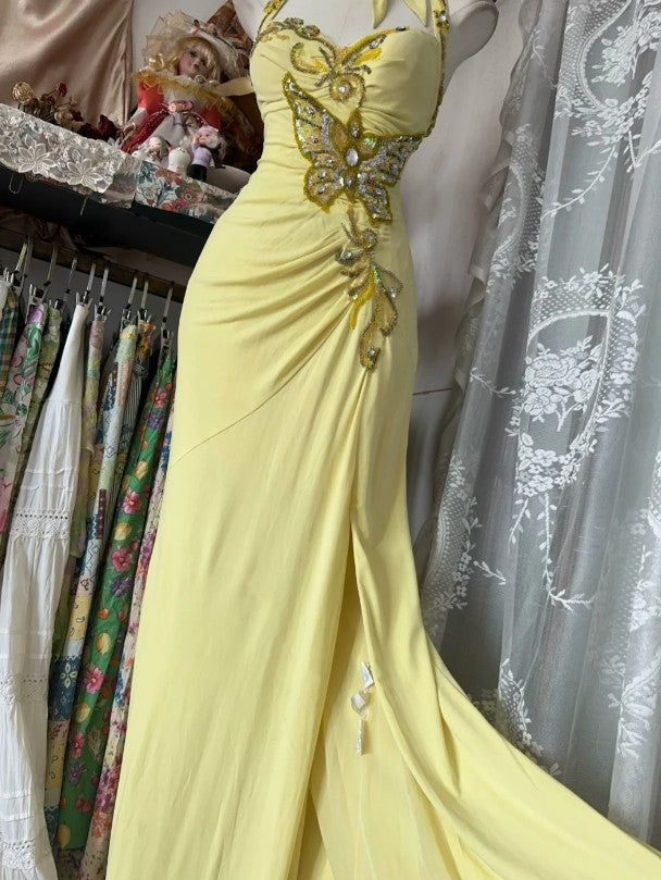 Elegant Yellow Halter Satin Beaded Sequins Evening Dress,Long Mermaid Party Prom Dress - View 4 | FashionDia