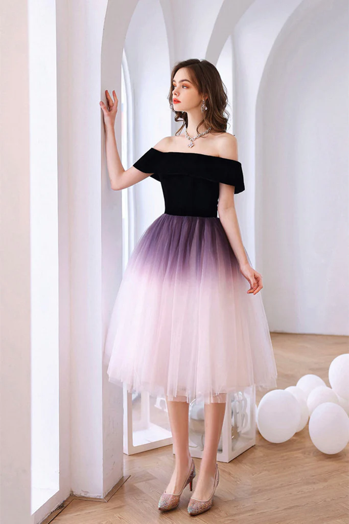 Off-the-Shoulder Ombre Tulle Short Homecoming Dress, Ombre Formal Graduation Dress - FashionDia