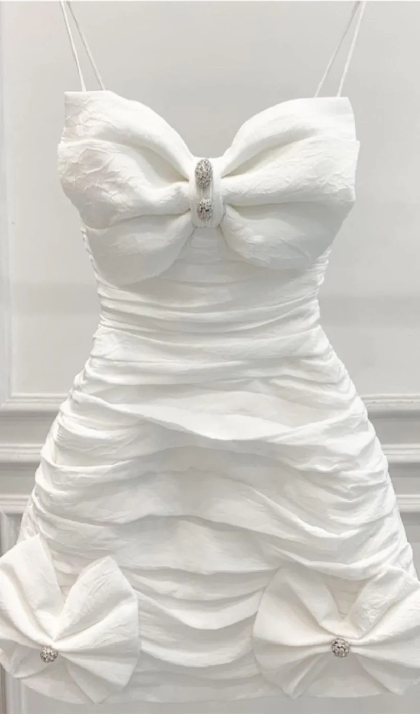 Elegant Spaghetti Straps White Satin Pleated Sheath Short 19th Birthday Outfits Homecoming Dress With Bow - FashionDia