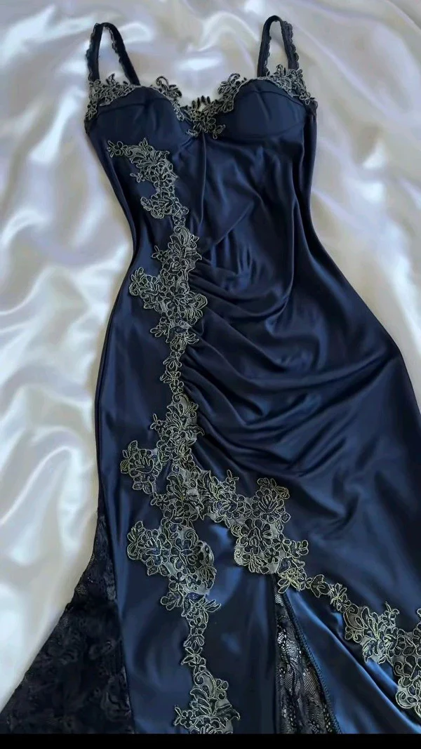 Vintage Navy Blue Satin Lace Appliques Mermaid Evening Dress,Long Party Prom Dress - View 4 | FashionDia