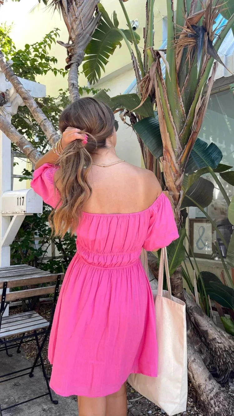 Hot Pink A-line Homecoming Dress with Puff Sleeves Summer Dress (ZD11912)