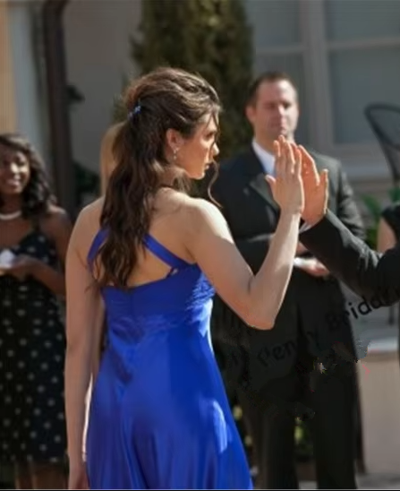 Elegant Blue Satin Ling A-Line Party Prom Dress Formal Evening Gown - View 4 | FashionDia