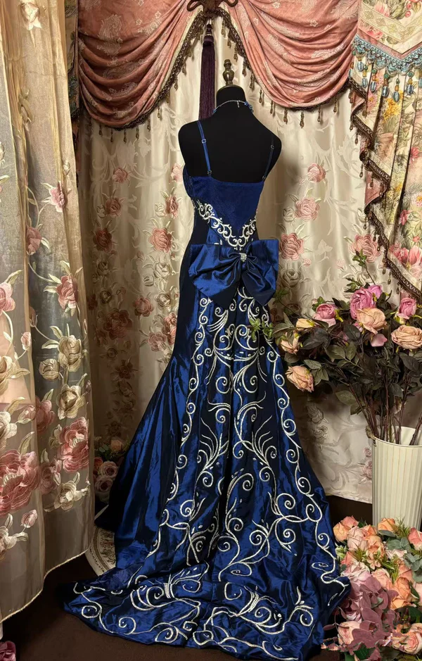 Vintage Spaghetti Straps Blue Satin Beaded Mermaid Evening Dress Long Prom Gown - View 3 | FashionDia