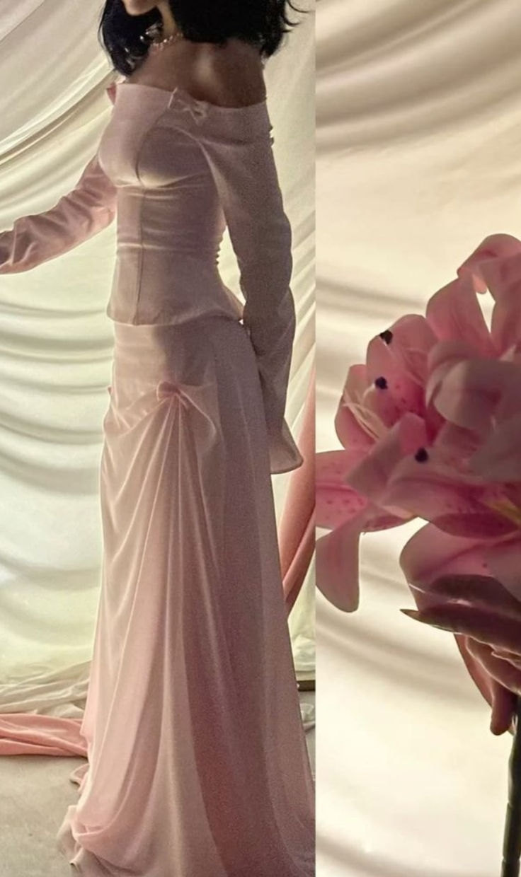 Sweet Two Piece Off-the-Shoulder Pink Satin Chiffon Mermaid Prom Dress Formal Party Dress - View 6 | FashionDia