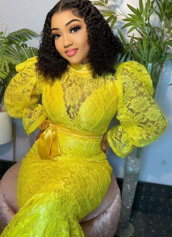 Vintage Yellow Lace Prom Dress,Yellow Puffy Sleeves Formal Gown