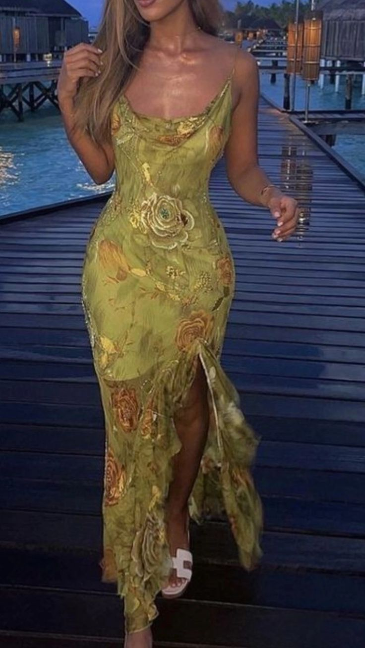 Sexy Spaghetti Straps Chiffon Print Floral Evening Dress Slit Party Prom Dress - FashionDia