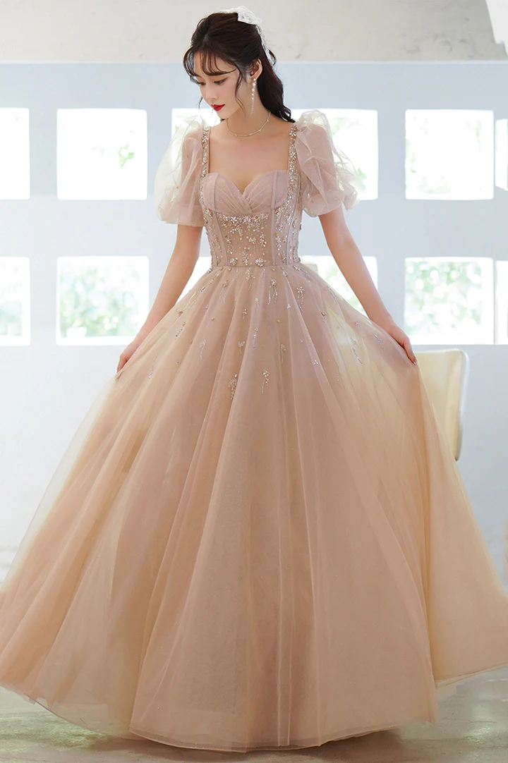 Cute tulle beads long prom dress A-Line evening gown - FashionDia