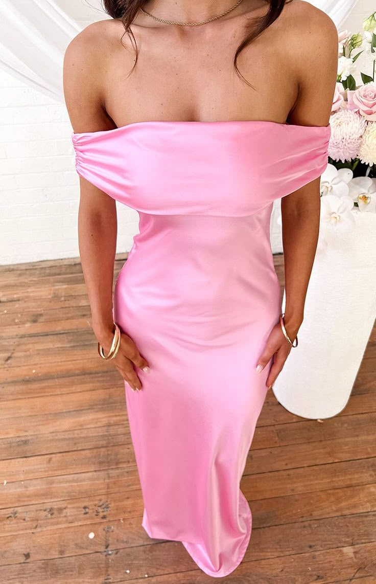 Chic Pink Off-the-Shoulder Satin Sheath Evening Dress,Long Prom Dress - FashionDia