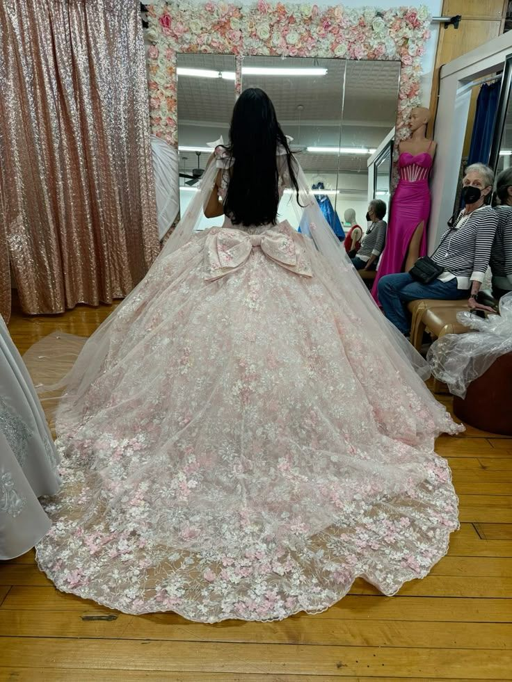 Pretty Pink Off-the-Shoulder Tulle Lace Appliques Quinceanera Dress Sweet 16 Dress With Bow - View 3 | FashionDia