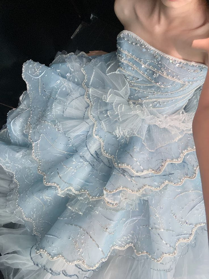 Charming Strapless Blue Tulle Beaded Layered Ball Gown Formal Birthday Party Dress