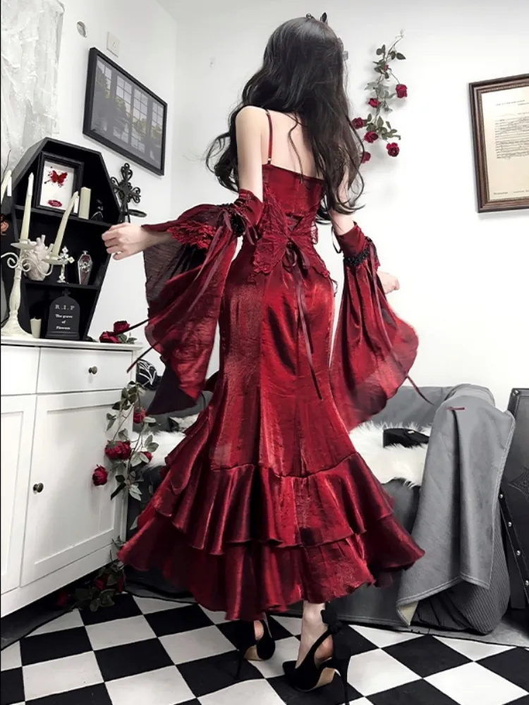 Vintage High-Low Spaghetti Straps Floor-Length Burgundy Flowers Prom Dresses Birthday Dress - View 4 | FashionDia