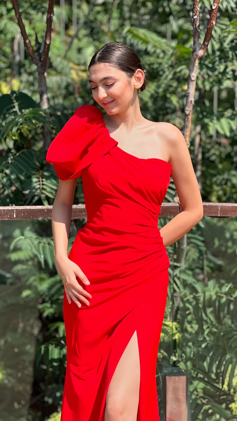 Fashion One-Shoulder Red Mermaid Split Long Party Prom Dress - View 2 | FashionDia