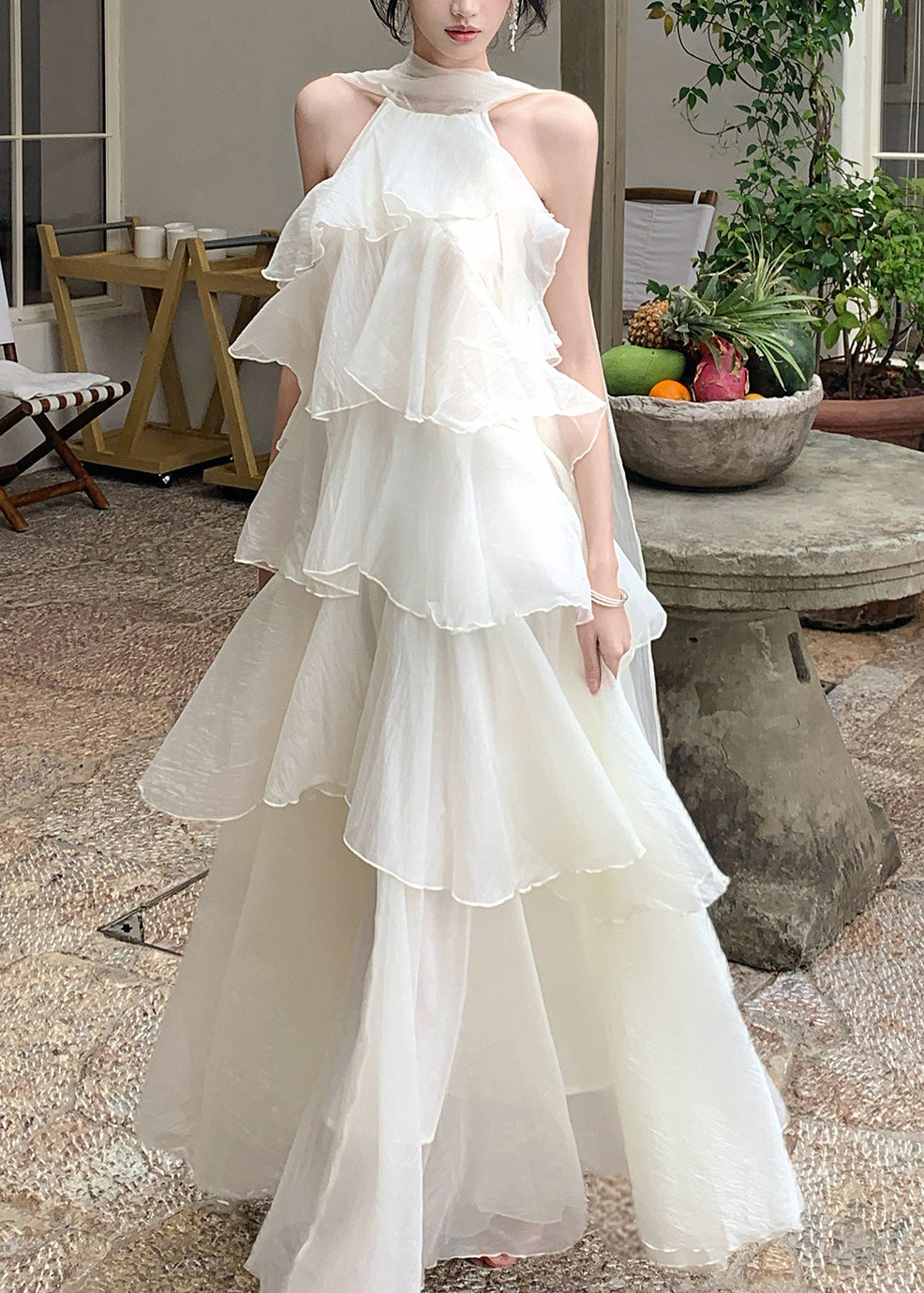 Natural Cold Shoulder Ruffled Long Dresses Sleeveless