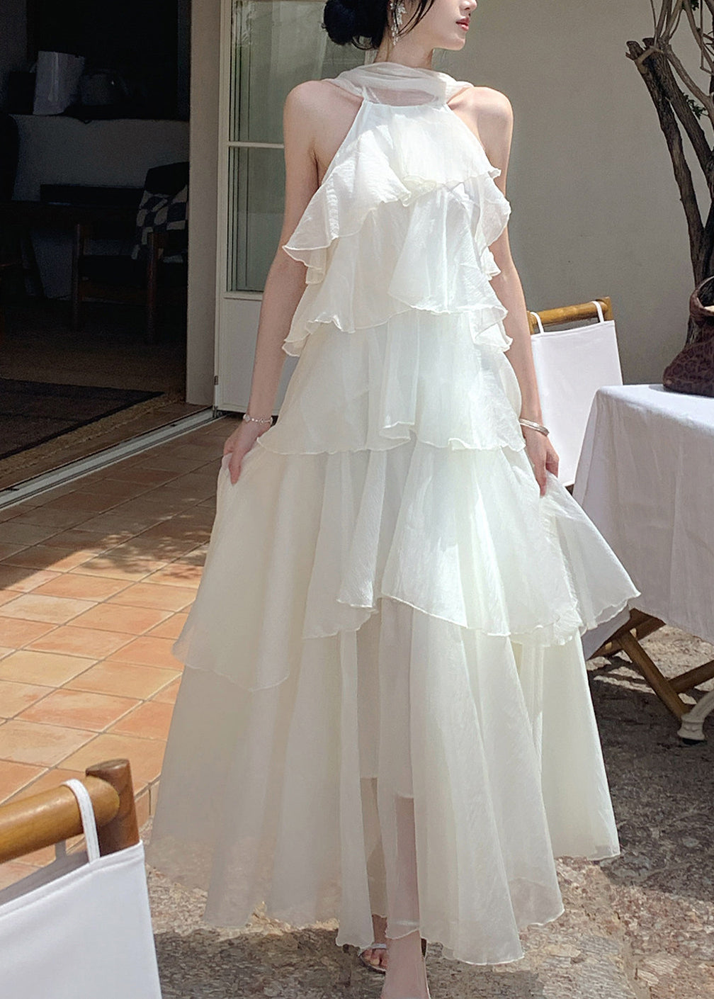Natural Cold Shoulder Ruffled Long Dresses Sleeveless