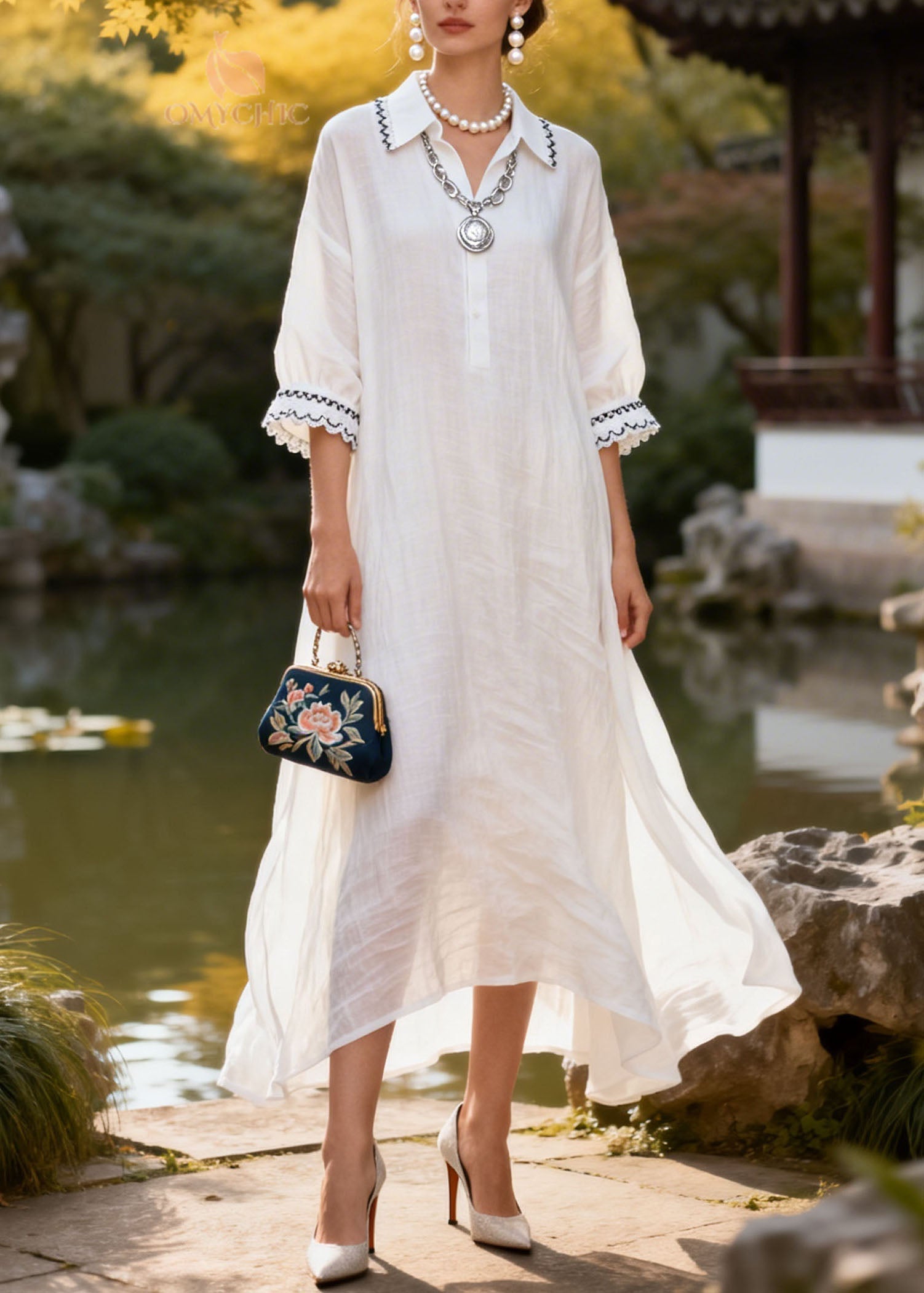 Natural White Peter Pan Collar Lace Patchwork Cotton Dress Summer
