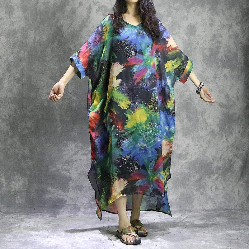 Natural v neck silk quilting clothes Plus Size Work Outfits prints Maxi Dress summer