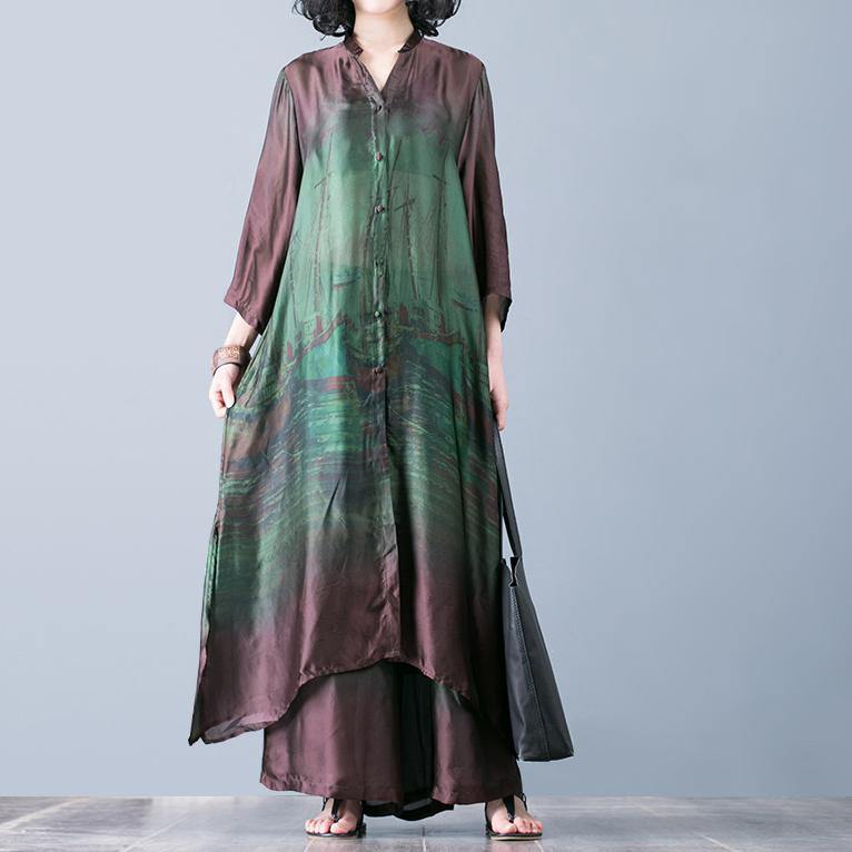 Natural With Wide Leg Pants Green Prints Silk Oversized Dresses Summer Two Pieces