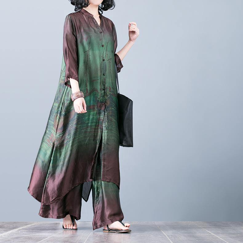 Natural With Wide Leg Pants Green Prints Silk Oversized Dresses Summer Two Pieces