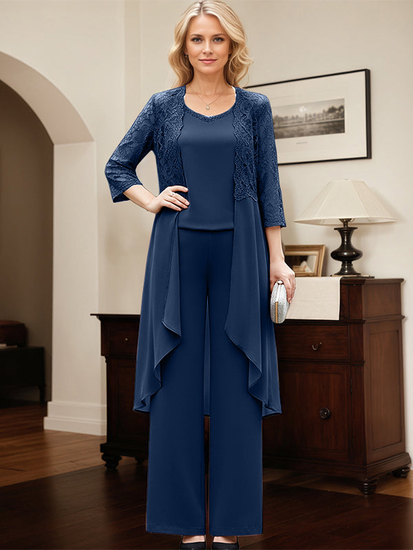 Navy Blue Separates Jumpsuit/Pantsuit Scoop Floor-Length Chiffon Mother of the Bride Dress