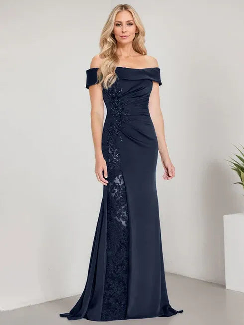 A-Line Off the Shoulder Floor-Length Mother of the Bride Dress Applique Beadings Mermaid Dress With High Split