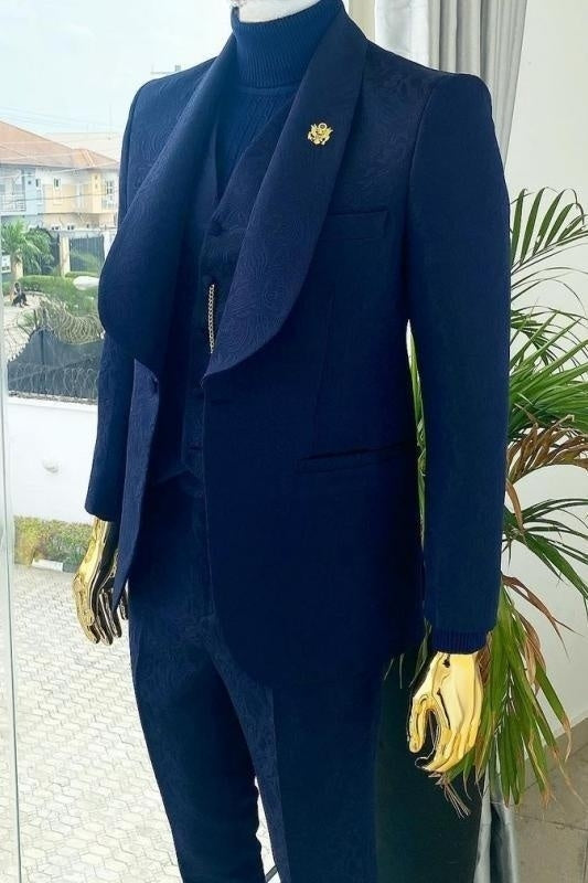 Navy Blue Shawl Lapel 3 Piece Jacquard Wedding Suit