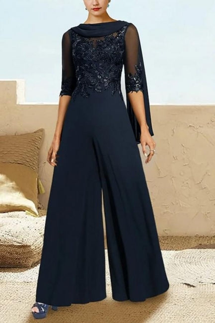Navy Mother of the Bride Jumpsuit Half Sleeves Chiffon Formal Pantsuit With Appliques