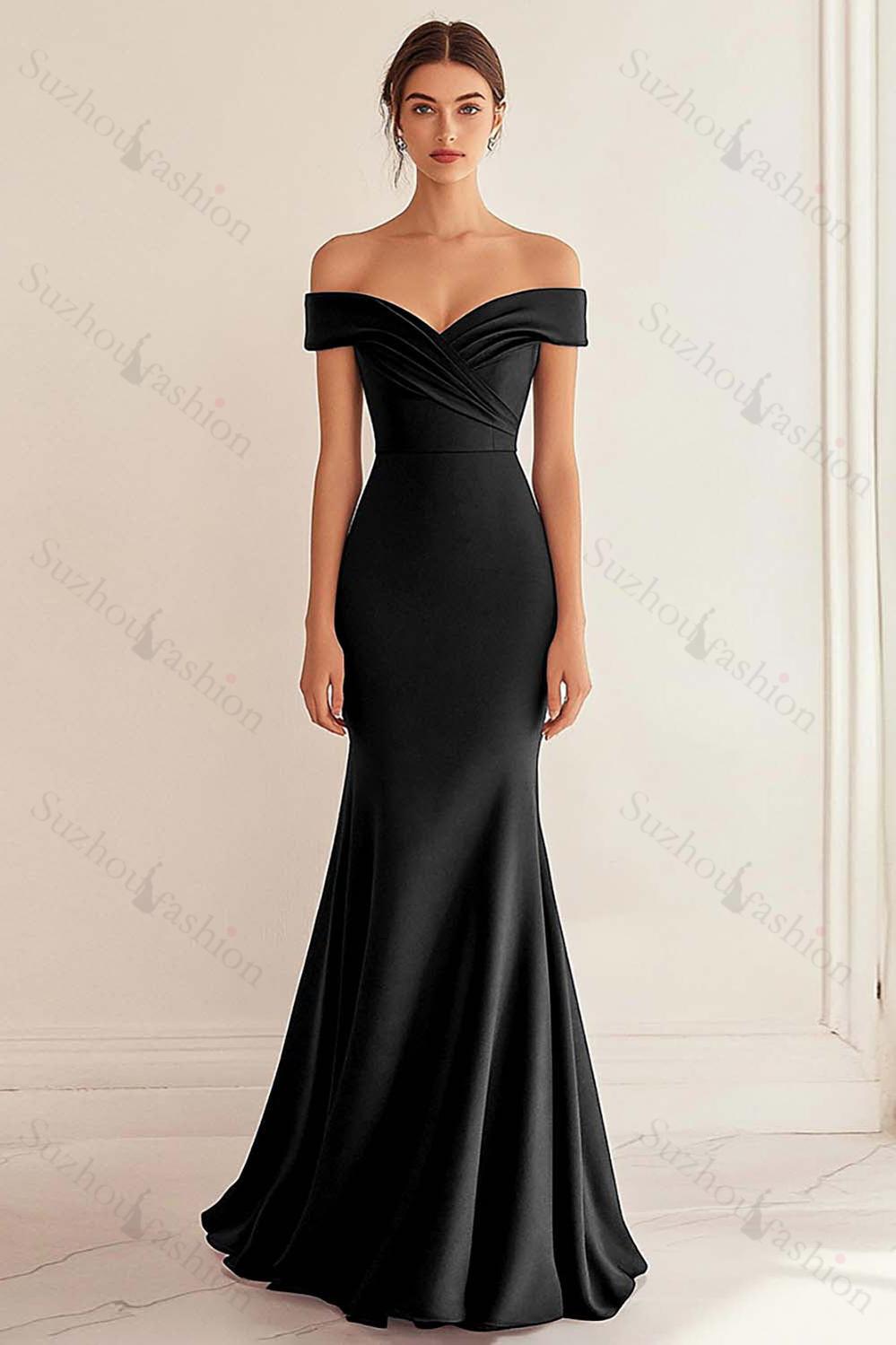Navy Prom Dress Satin Long Off The Shoulder Mermaid Ruched Formal Dress