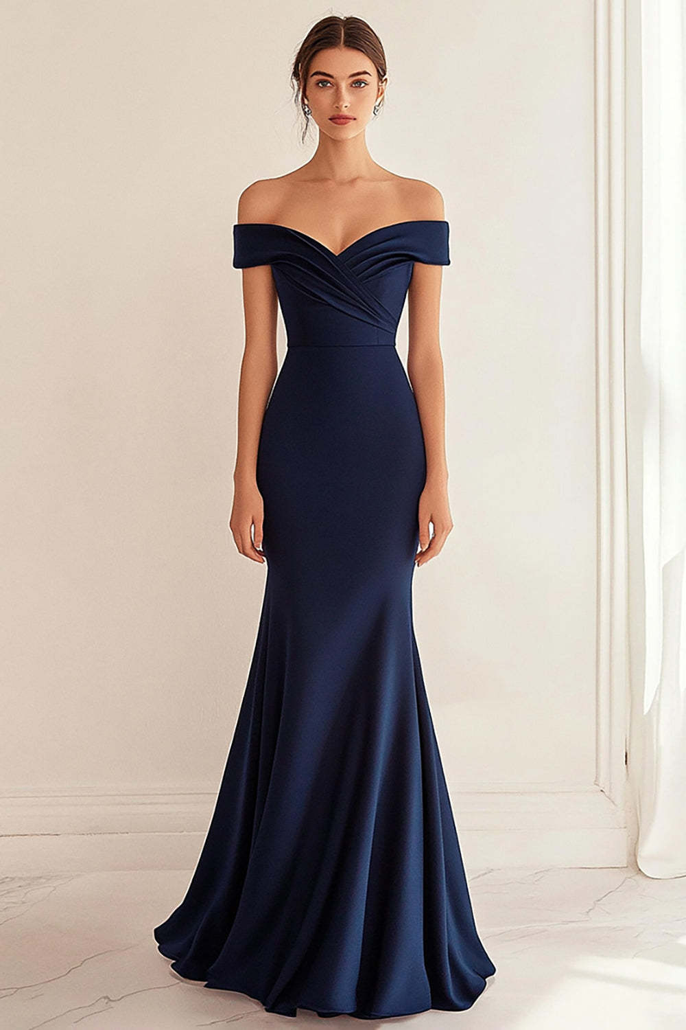 Navy Prom Dress Satin Long Off The Shoulder Mermaid Ruched Formal Dress